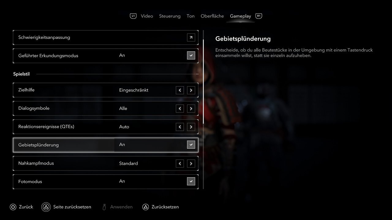Optionsbildschirm von Assassin's Creed Shadows