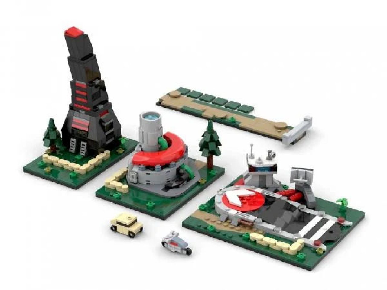 Klemmbaustein-Set nach Art von Command and Conquer von Bluebrixx mit Obelisk des Lichts, Kraftwerk und Flugfeld.