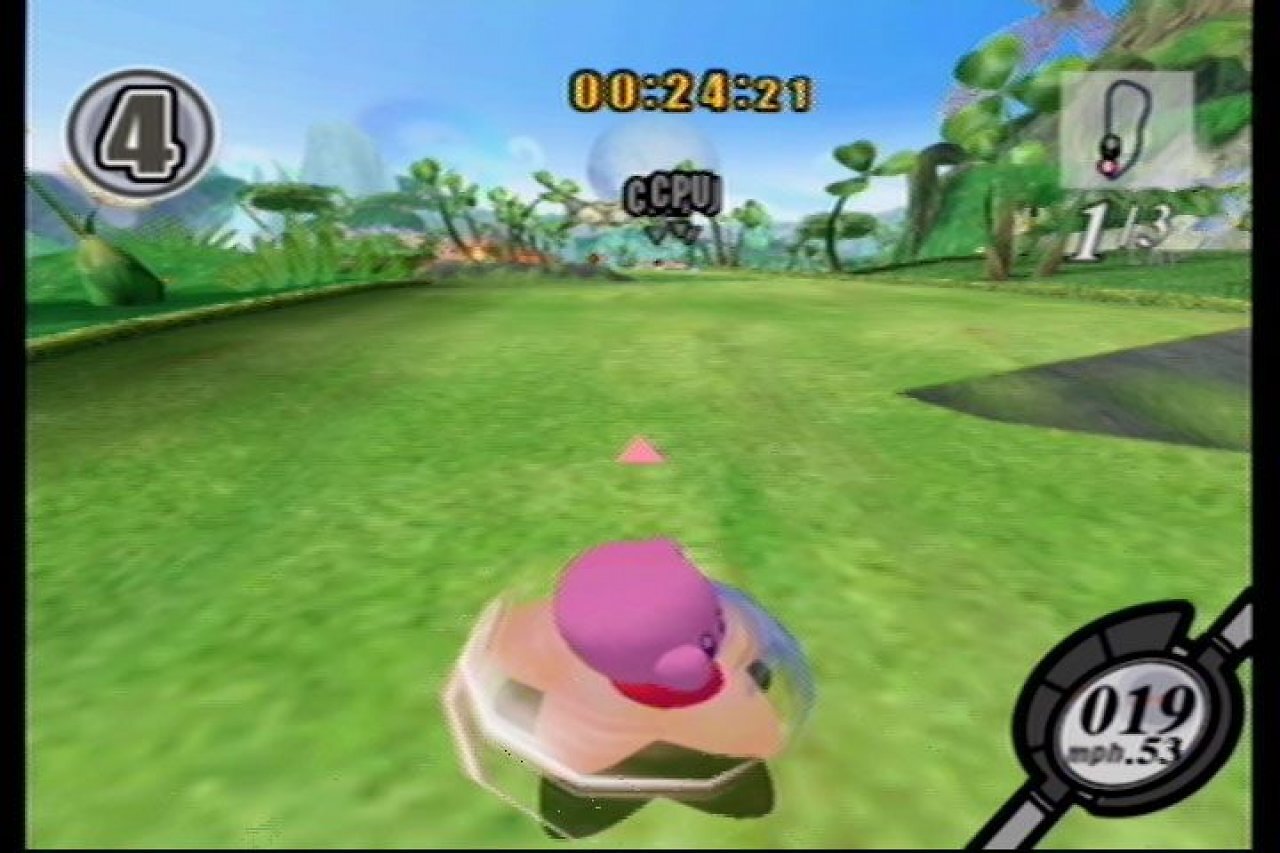 Kirby dreht sich auf einem Gleiter