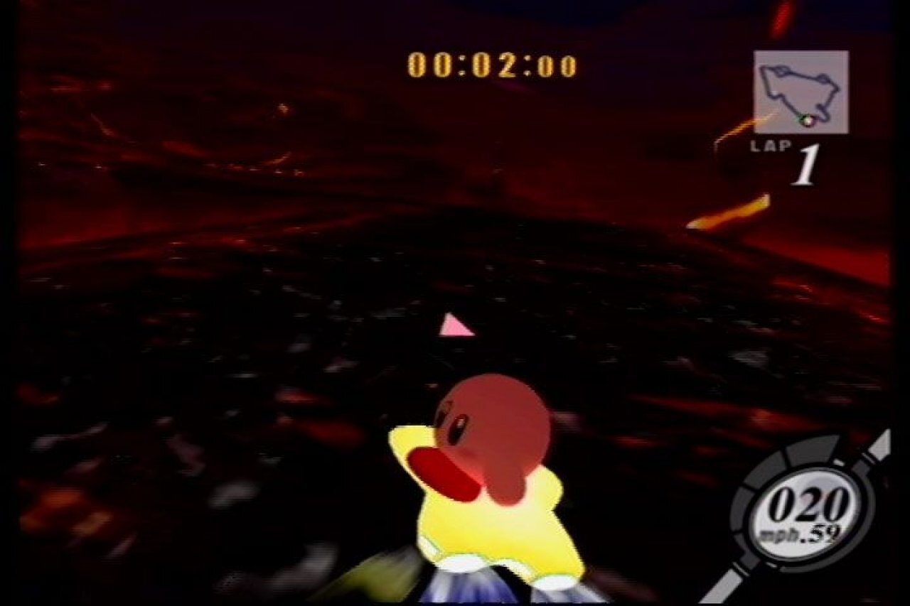 Kirby fährt auf einem Gleiter