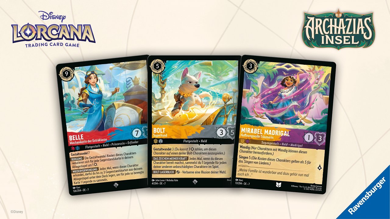 Drei Doppel-Tinte Karten aus dem TCG Disney Lorcana