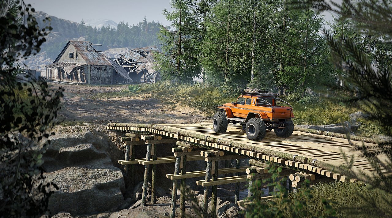 Ein Fahrzeug steht auf einer Holzbrücke