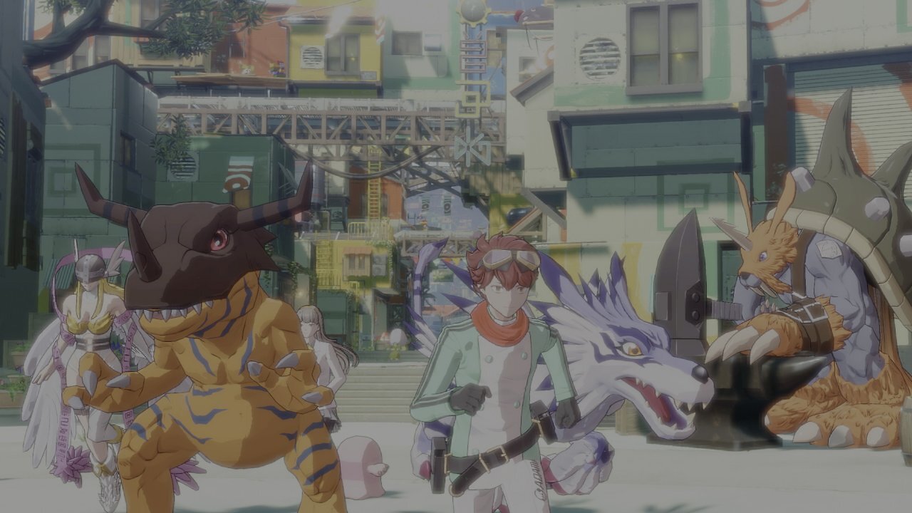 Protagonisten laufen mit Digimon durch Stadt