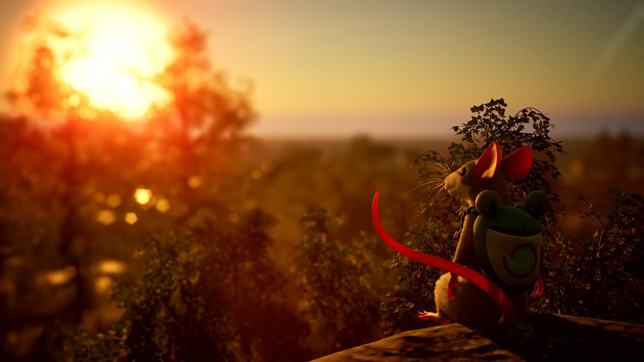 Eine Maus schaut in den Sonnenuntergang