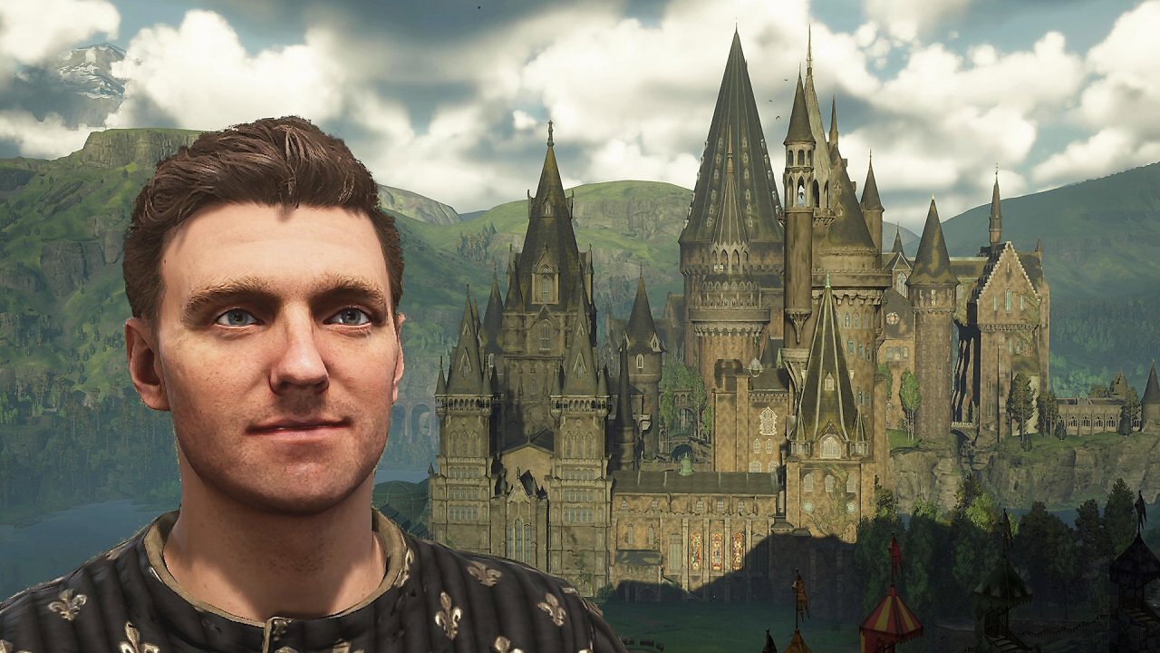 Heinrich von Skalitz aus Kingdom Come Deliverance neben Schloss Hogwarts aus Hogwarts Legacy