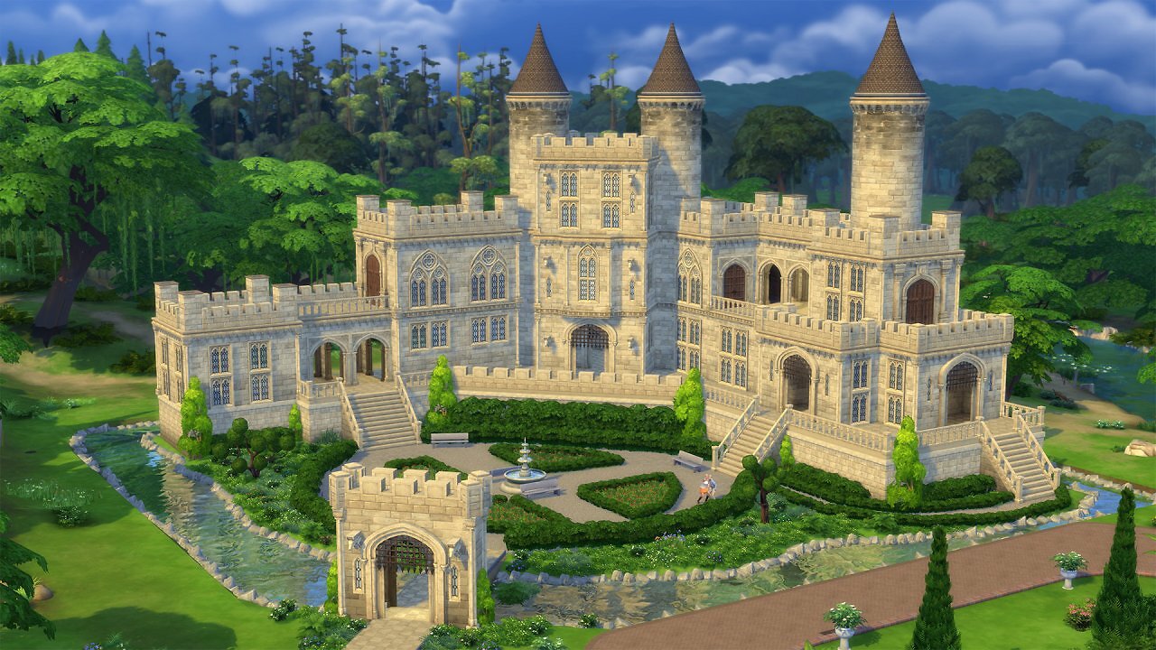 Ein Schloss aus die Sims 4, das mithilfe von Gegenständen aus dem Burgen- und Schlösser-Set gebaut wurde