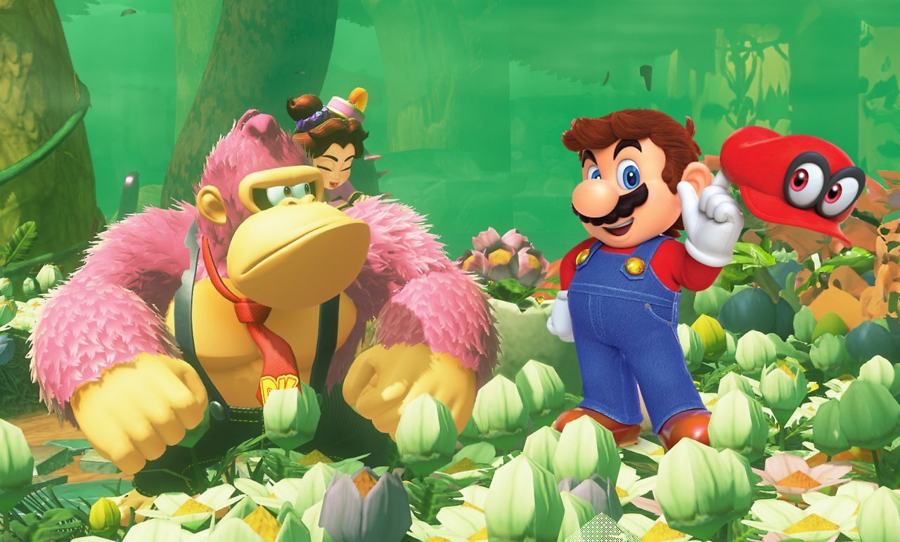 Donkey Kong steht neben Mario in einer Waldlandschaft.