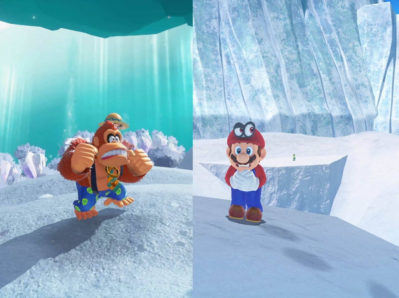 In eisigen Gebieten kann es schon mal kalt werden. Das zeigen Donkey Kong und Mario auch durch zittern.