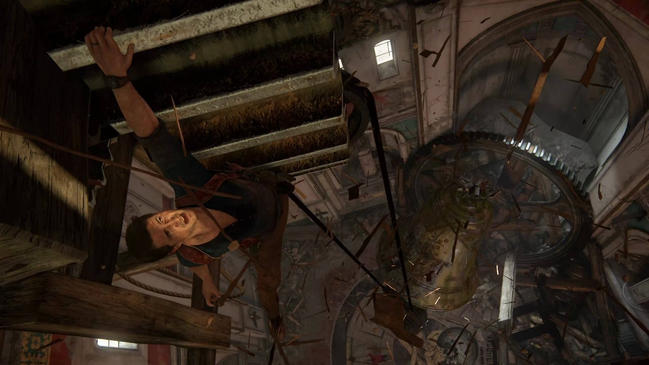 Nathan Drake hängt an einem Vorsprung