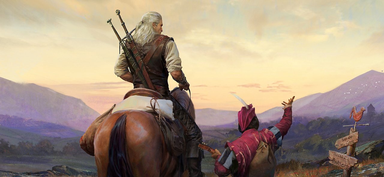 Hexer Geralt reitet dem Sonnenuntergang entgegen