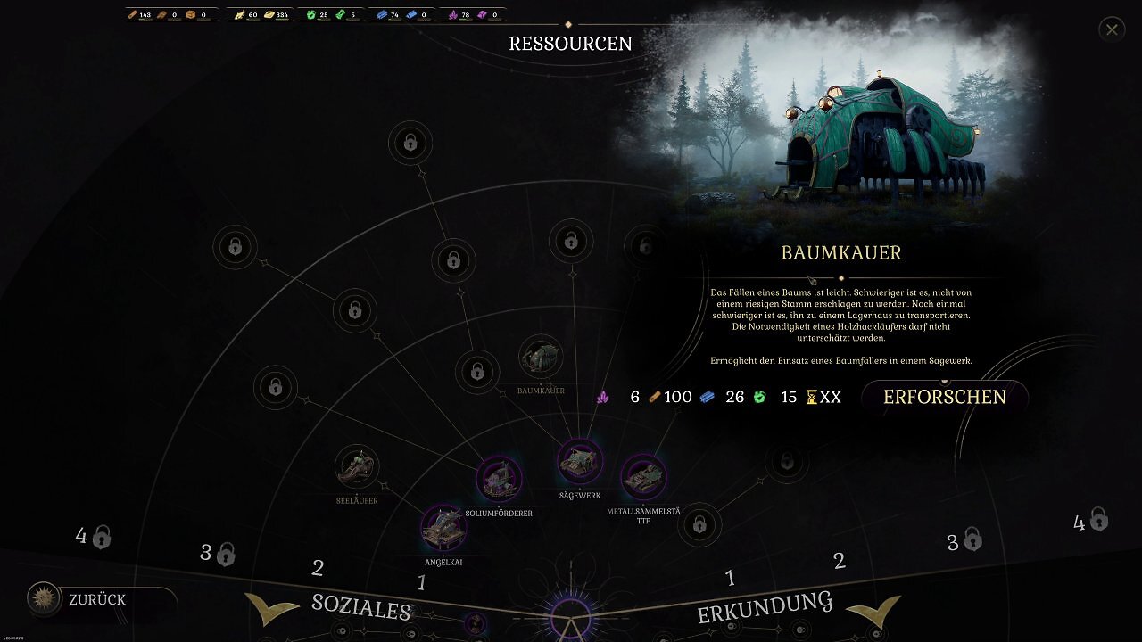 In den vier Abschnitten des Forschungsbaums schalten wir neue Gebäude und Upgrades frei.
