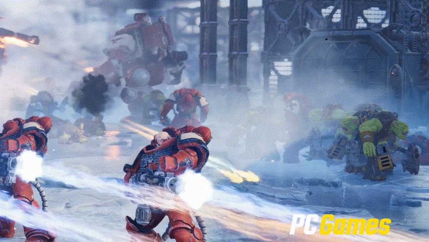 Orks gegen Space Marines: Das Schlachtgetümmel wirkt fast schon geskriptet, soll laut den Entwicklern aber wirklich so im Spiel ablaufen.