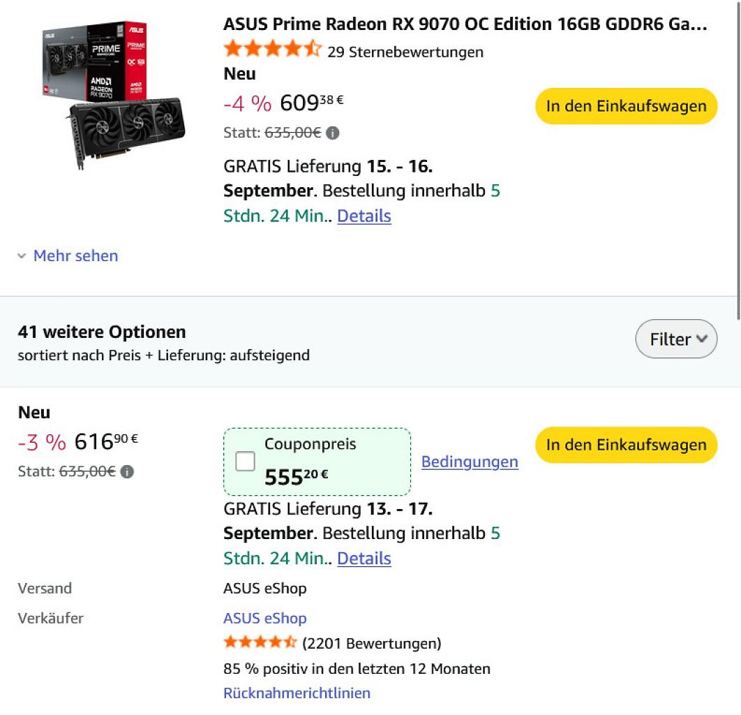 Die Asus Prime Radeon RX 9070 OC Edition ist bei Amazon unter VErgleichspreis im Angebot.