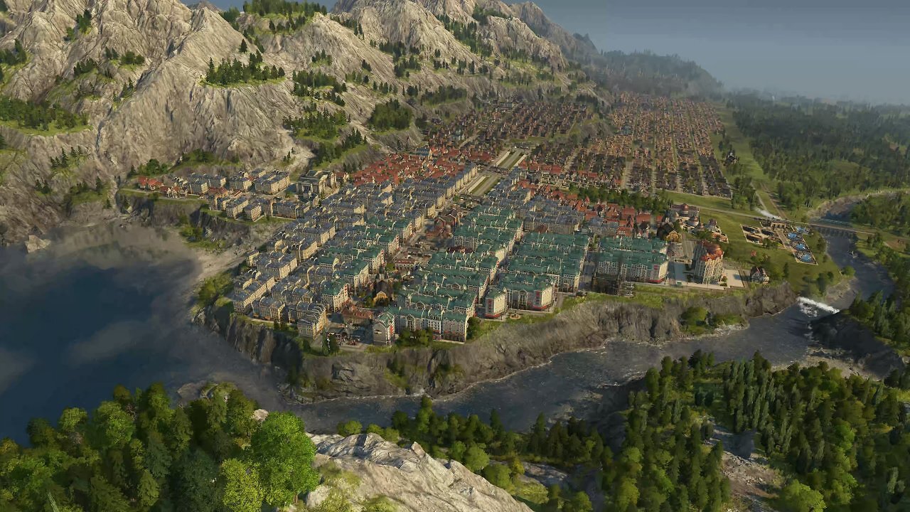 Blick auf eine voll ausgebaute Stadt in Anno 1800