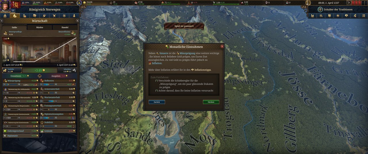 Die Spieloberfläche von Europa Universalis 5: Eine farbige Landkarte mit unzähligen Menüs.