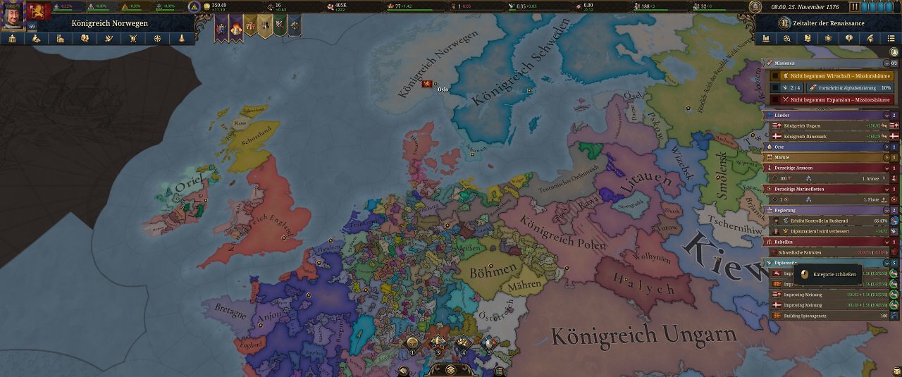 Die Spieloberfläche von Europa Universalis 5: Eine farbige Landkarte mit unzähligen Menüs.