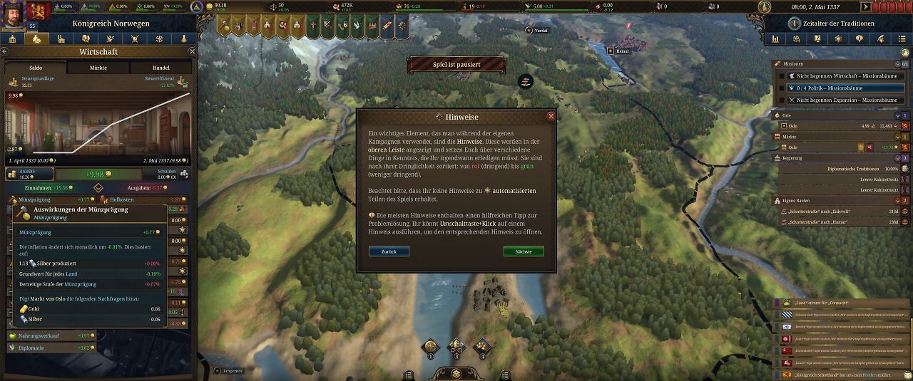 Die Spieloberfläche von Europa Universalis 5: Eine farbige Landkarte mit unzähligen Menüs.