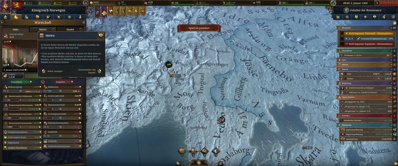 Die Spieloberfläche von Europa Universalis 5: Eine farbige Landkarte mit unzähligen Menüs.