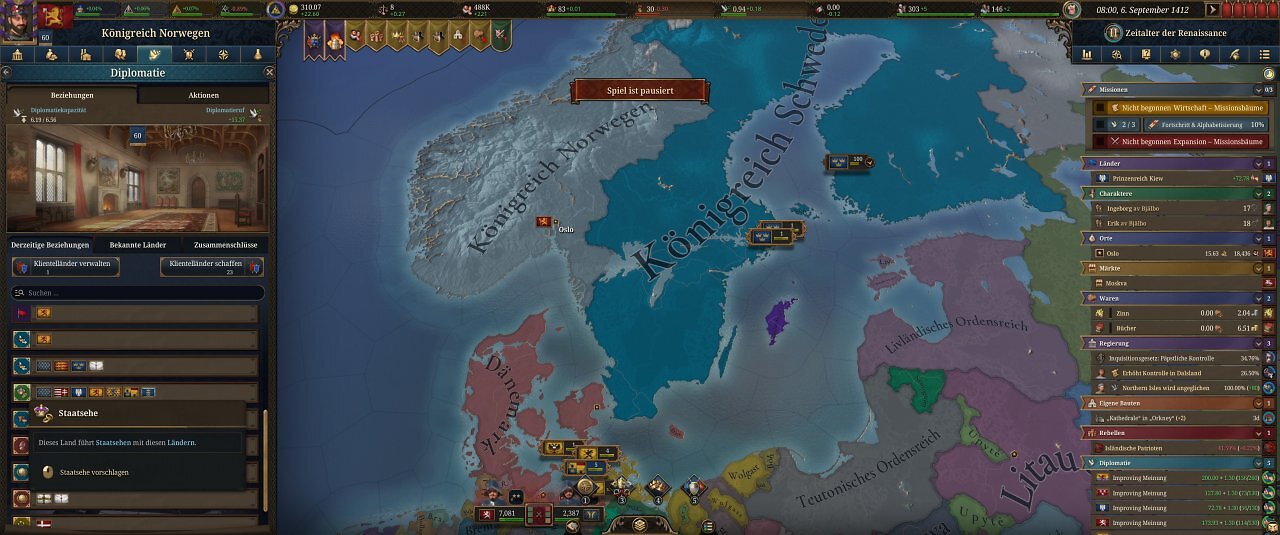 Die Spieloberfläche von Europa Universalis 5: Eine farbige Landkarte mit unzähligen Menüs.