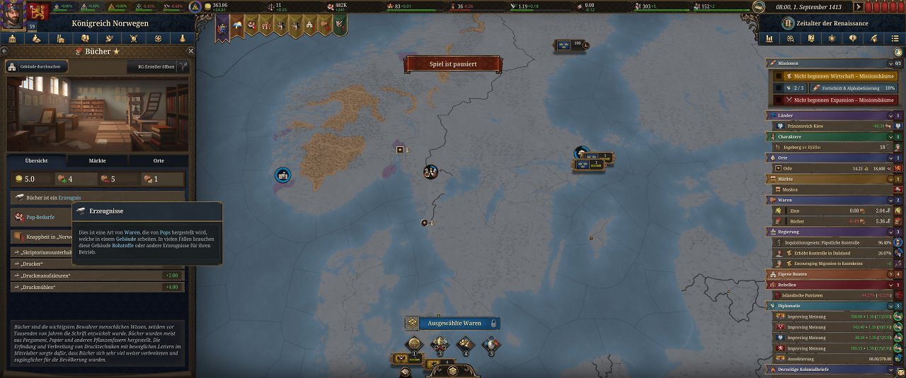 Die Spieloberfläche von Europa Universalis 5: Eine farbige Landkarte mit unzähligen Menüs.