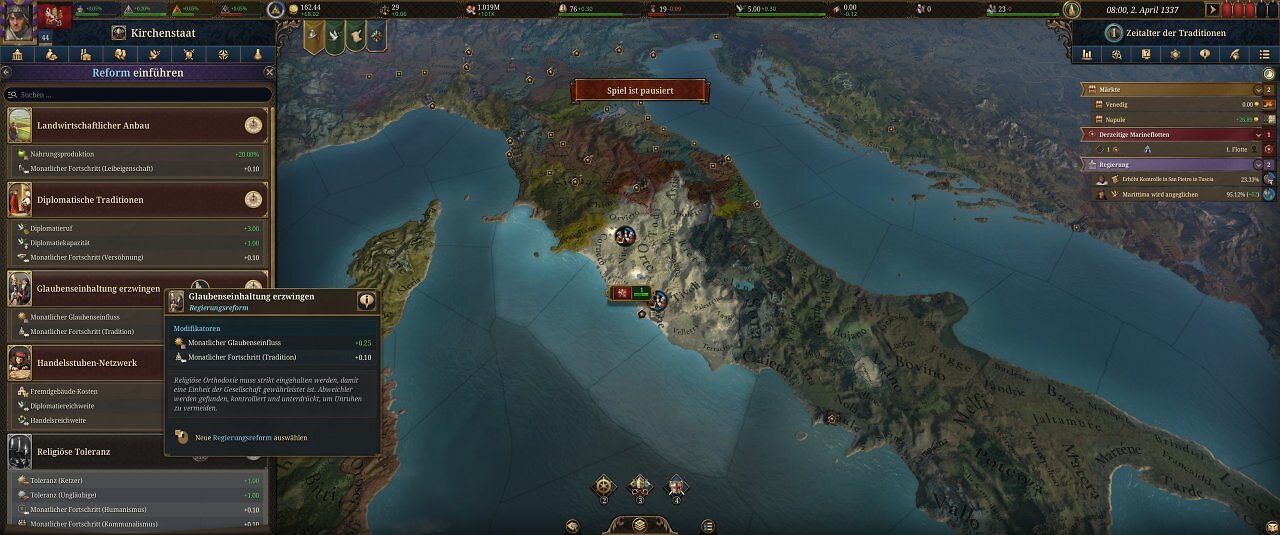 Die Spieloberfläche von Europa Universalis 5: Eine farbige Landkarte mit unzähligen Menüs.
