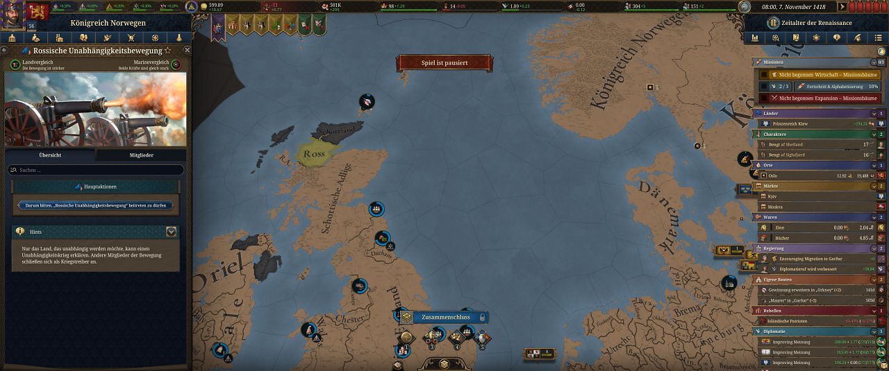 Die Spieloberfläche von Europa Universalis 5: Eine farbige Landkarte mit unzähligen Menüs.