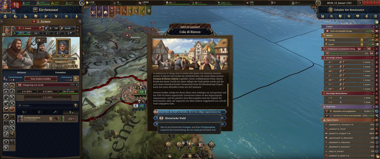 Die Spieloberfläche von Europa Universalis 5: Eine farbige Landkarte mit unzähligen Menüs.