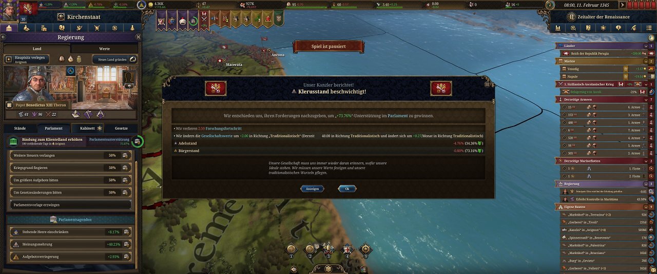 Die Spieloberfläche von Europa Universalis 5: Eine farbige Landkarte mit unzähligen Menüs.
