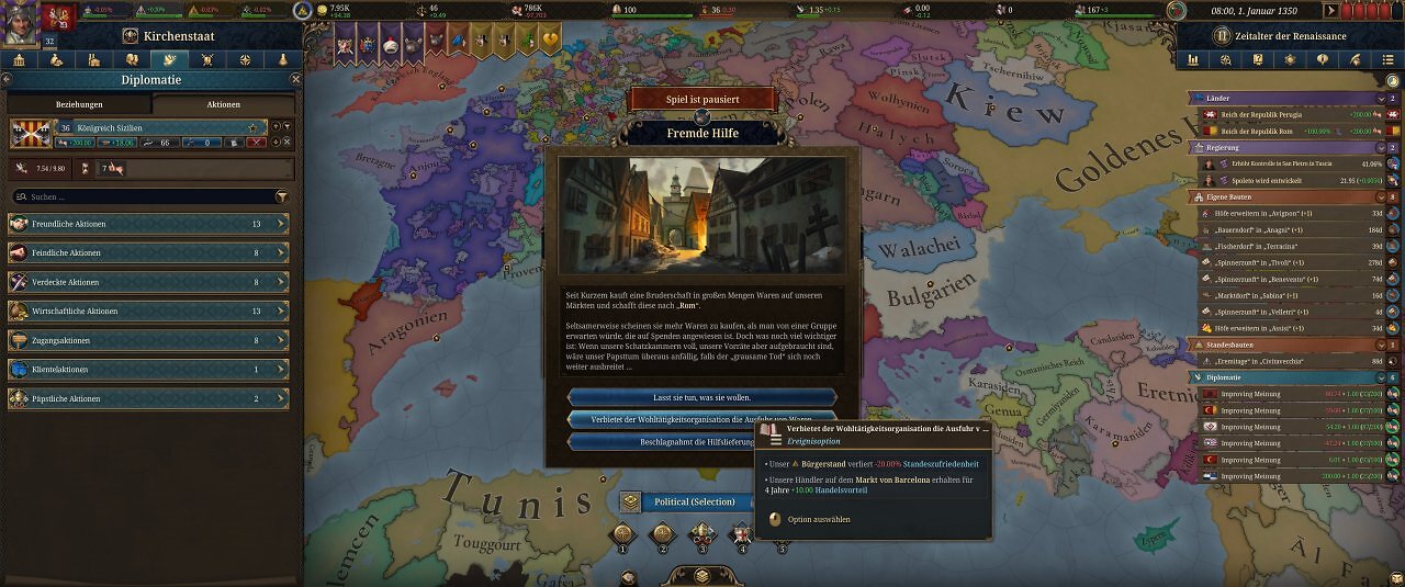 Die Spieloberfläche von Europa Universalis 5: Eine farbige Landkarte mit unzähligen Menüs.