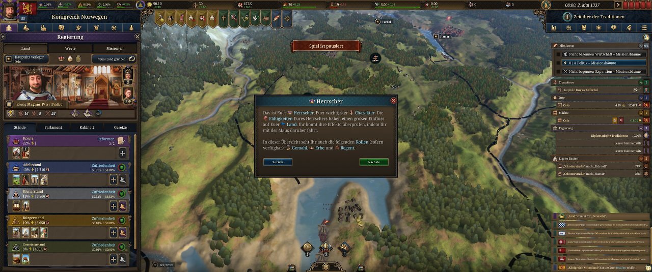 Die Spieloberfläche von Europa Universalis 5: Eine farbige Landkarte mit unzähligen Menüs.