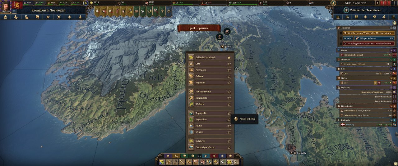 Die Spieloberfl&auml;che von Europa Universalis 5: Eine farbige Landkarte mit unz&auml;hligen Men&uuml;s.