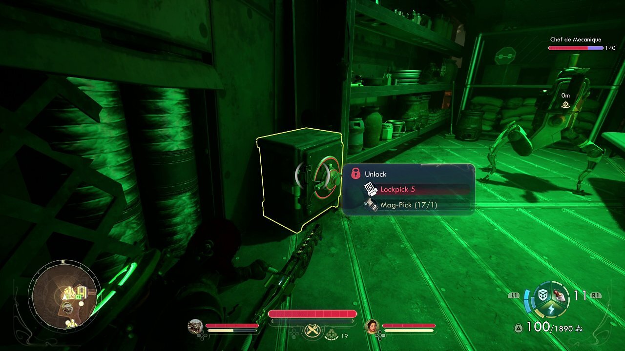 [29/10/2025] Leider haben wir nicht den richtigen Skill, um einen Questgegenstand aus diesem Safe zu klauen. Zum Glück können wir den Roboter rechts hacken und ihn überreden, uns das Item zu geben.