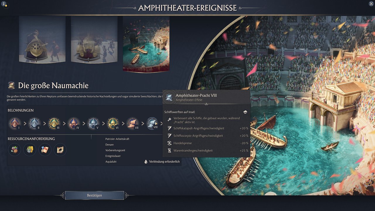 Im Amphitheater veranstalten wir Gladiatorenspiele und nautische Events für temporäre Boni.