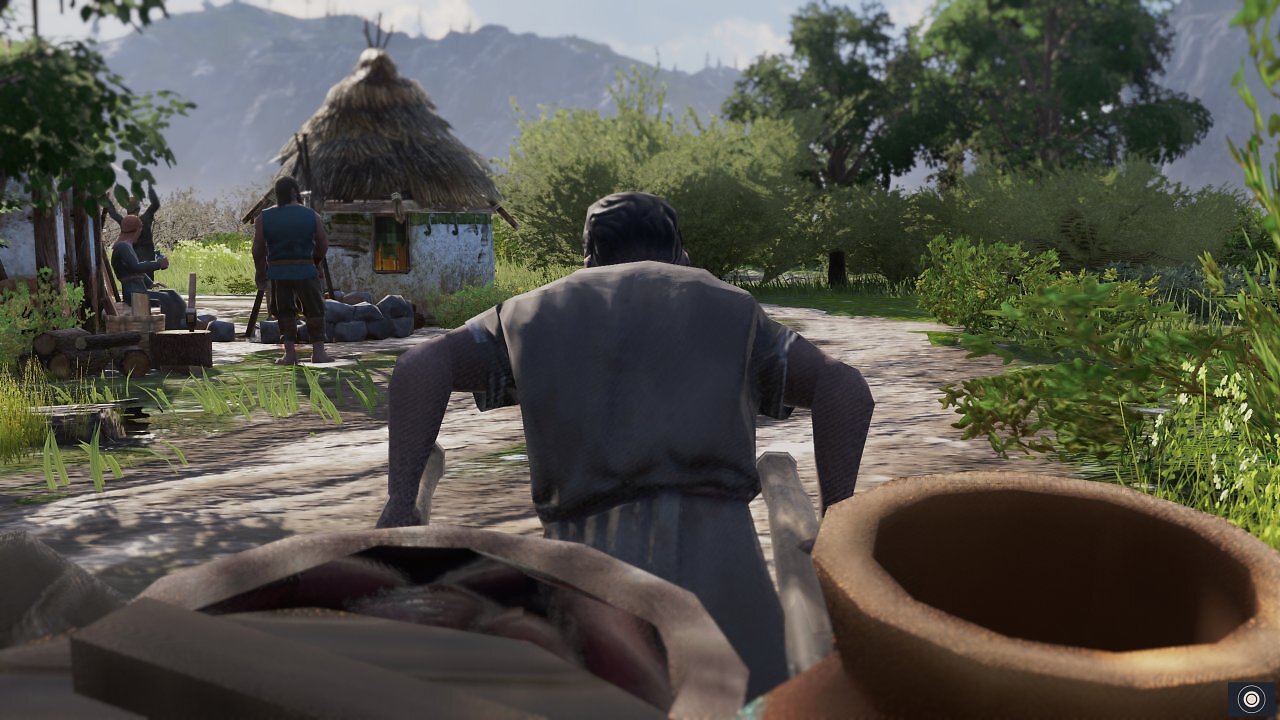 Wer mag, kann auch selbst einen Karren ziehen und die Waren ausfahren. Hier latschen wir durch unsere eigene Siedlung in Albion. (Bild aus der PS5-Version)