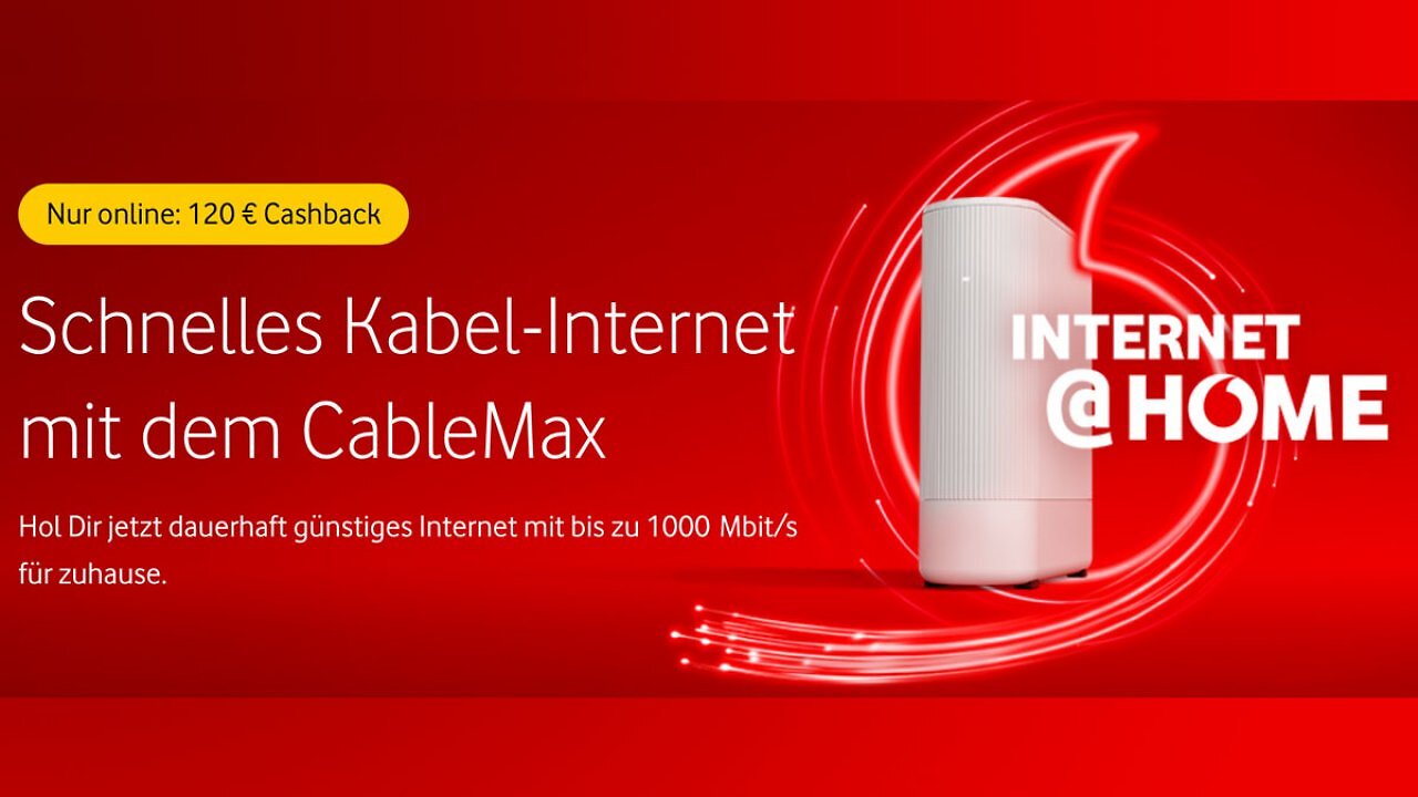 Vodafone-Deals: Gigabit-Internet bis zu 12 Monate gratis + 120 € Cashback