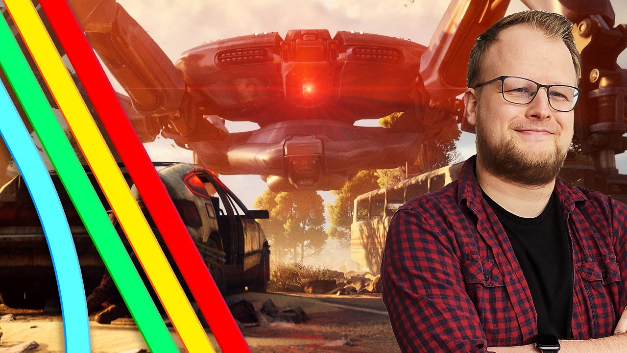 Redakteur Carlo Siebenhüner im Vordergrund. Dahinter der "Mother" genannte ARC Roboter