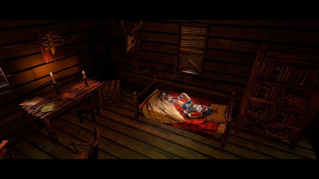 Ein Zimmer in einer Holzhütte, an der Wand ein Hirschschädel. Links steht ein Holztisch, in der Mitte ein Bett mit rotem Laken, in dem Elena liegt.
