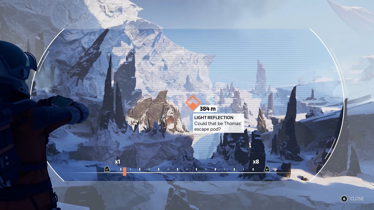 Eine eisige Landschaft mit spitzen Felsen. Ariane betrachtet sie durch ihren Scanner.