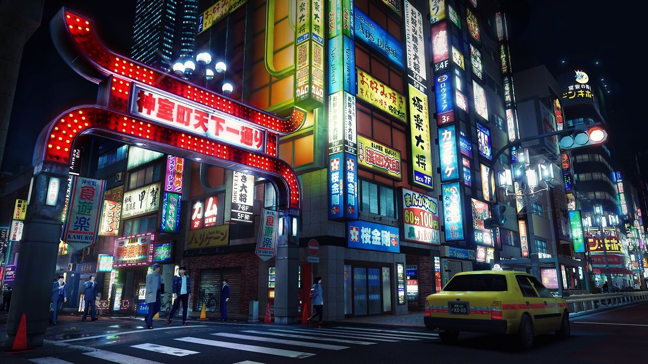 Kamurocho bei Nacht ist dank der vielen Lichter, Spiegelungen und Neonreklamen besonders eindrucksvoll