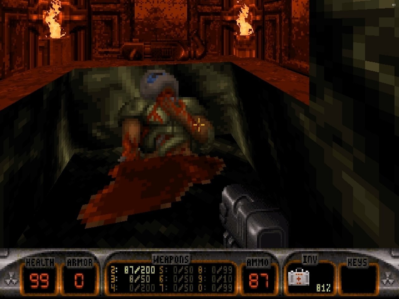 Easter Egg: Im dritten Level entdecken wir den übel zugerichteten Marine aus Doom.