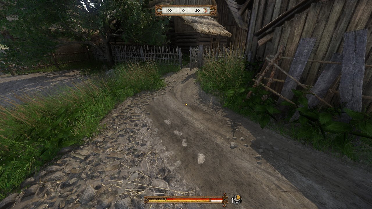 Ein Feldweg, der zu einem kleinen Gartentor führt - PS5 & Xbox-Series-Update.