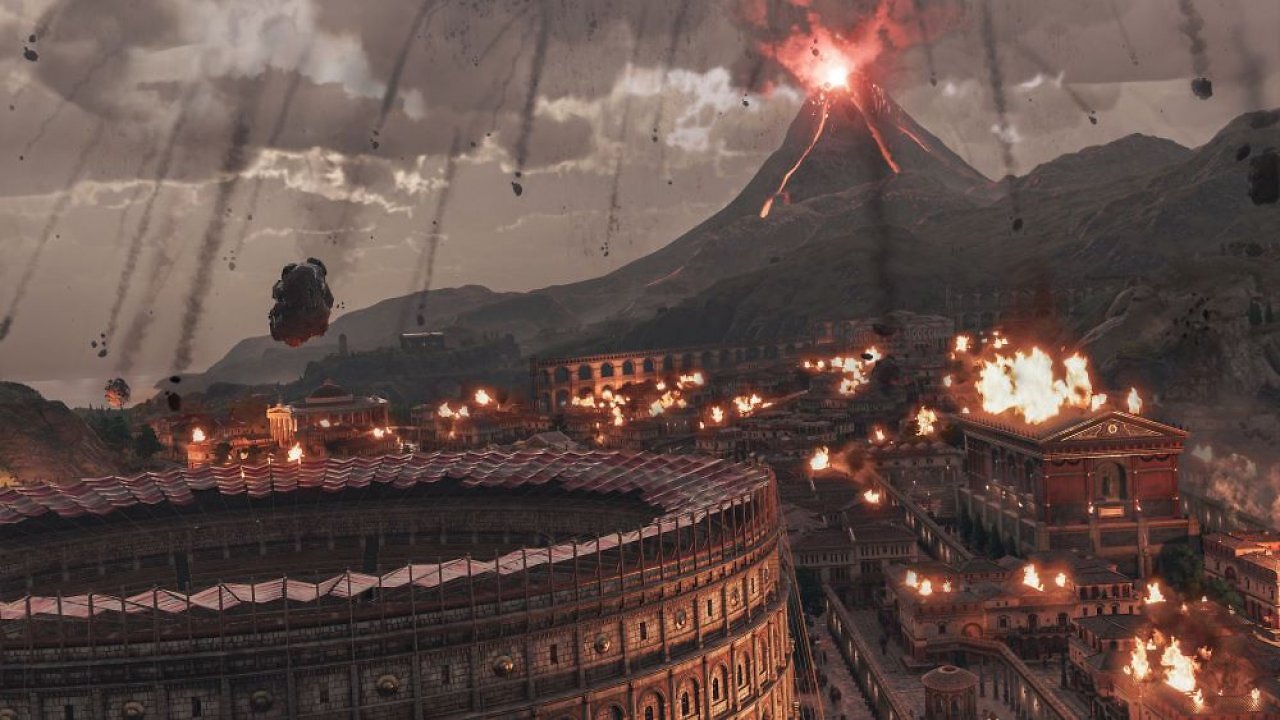 Eine römische Stadt in Anno 117. Unten links steht ein Kolosseum. Im Hintergrund spuckt ein aktiver Vulkan.