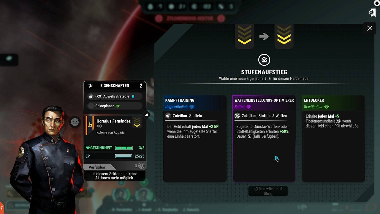 Wenn Helden und Schiffe aufleveln, gibt's eines von drei Upgrades. Manche davon fallen so mächtig aus, dass sie über Sieg und Niederlage entscheiden.
