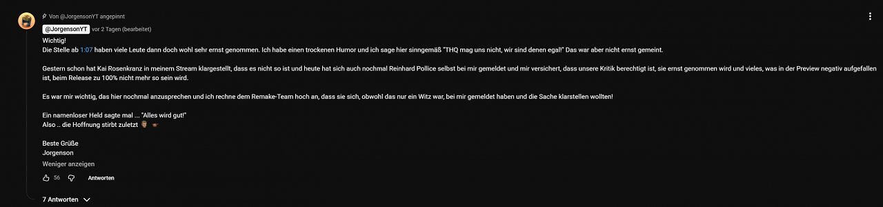 Ein angepinnter Kommentar unter der Reaction von Jorgenson zum aktuellen Gameplay
