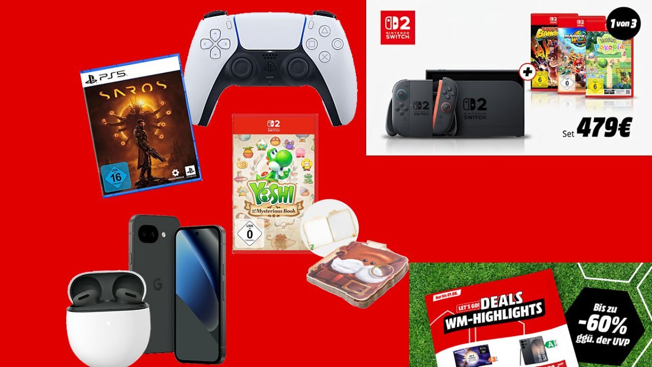 Spar-Sets & Gratis-Goodies: PS5-Controller + Saros, Switch 2 + Pokémon Pokopia, Yoshi + Notizbuch und mehr