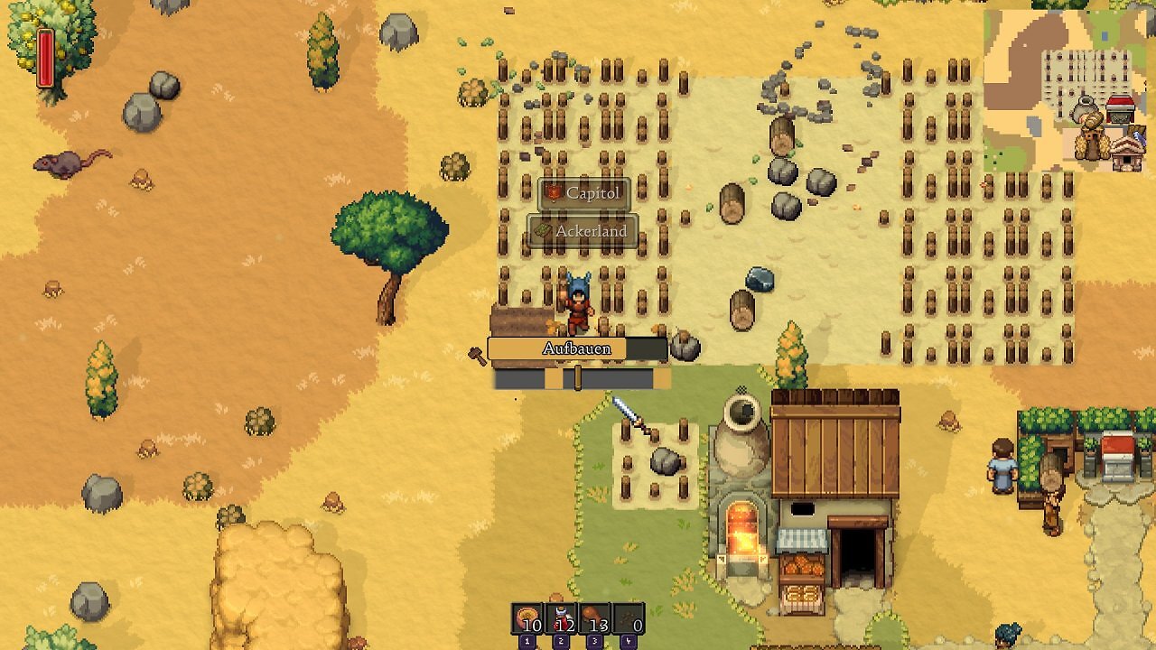 Eine Baustelle hinter einem Haus mit dem Spielercharakter, der gerade Felder anlegt.