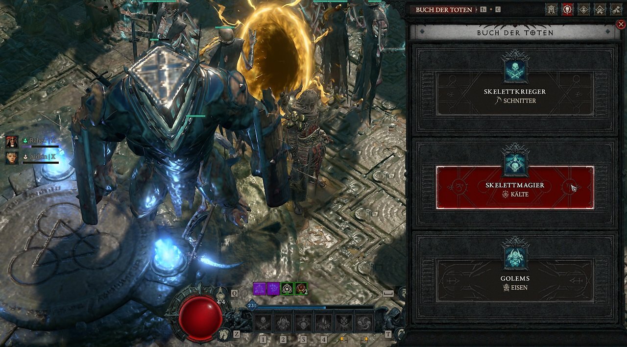 Diablo 4 Buch der Toten Menü-Screenshot mit aktivierten Skelettkrieger Schnitter, Skelettmagier Kälte und Eisengolem für den Totenbeschwörer Frost-Lich Build.
