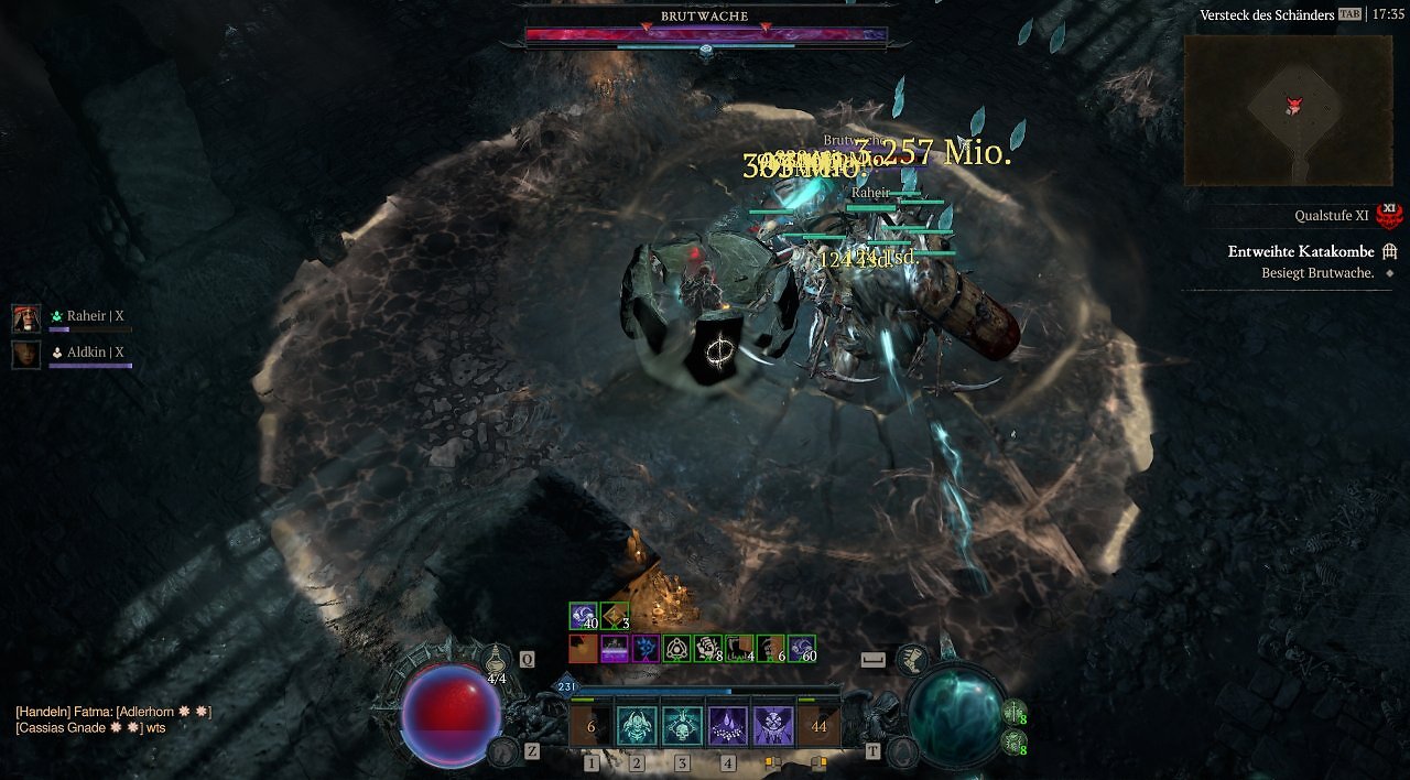 Diablo 4 Totenbeschwörer Frost-Lich Build Bosskampf-Screenshot auf Qualstufe XI mit der Brutwache im Versteck des Schänders deren hellblaue Stagger-Leiste sofort erscheint.