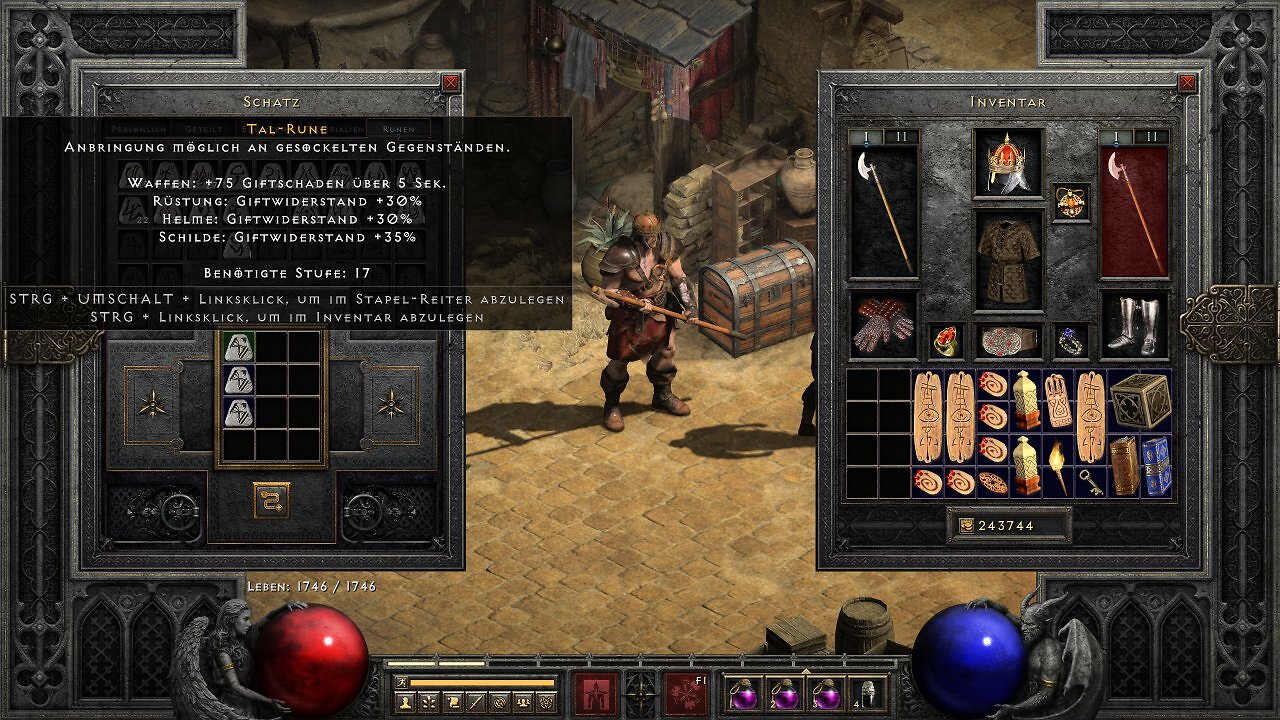 Geöffnetes Inventar und Schatz-Menü in Diablo 2 Resurrected zeigt das Transmutations-Rezept im Horadrimwürfel. Drei Tal-Runen liegen im Würfel-Interface, um zu einer Ral-Rune aufgewertet zu werden.