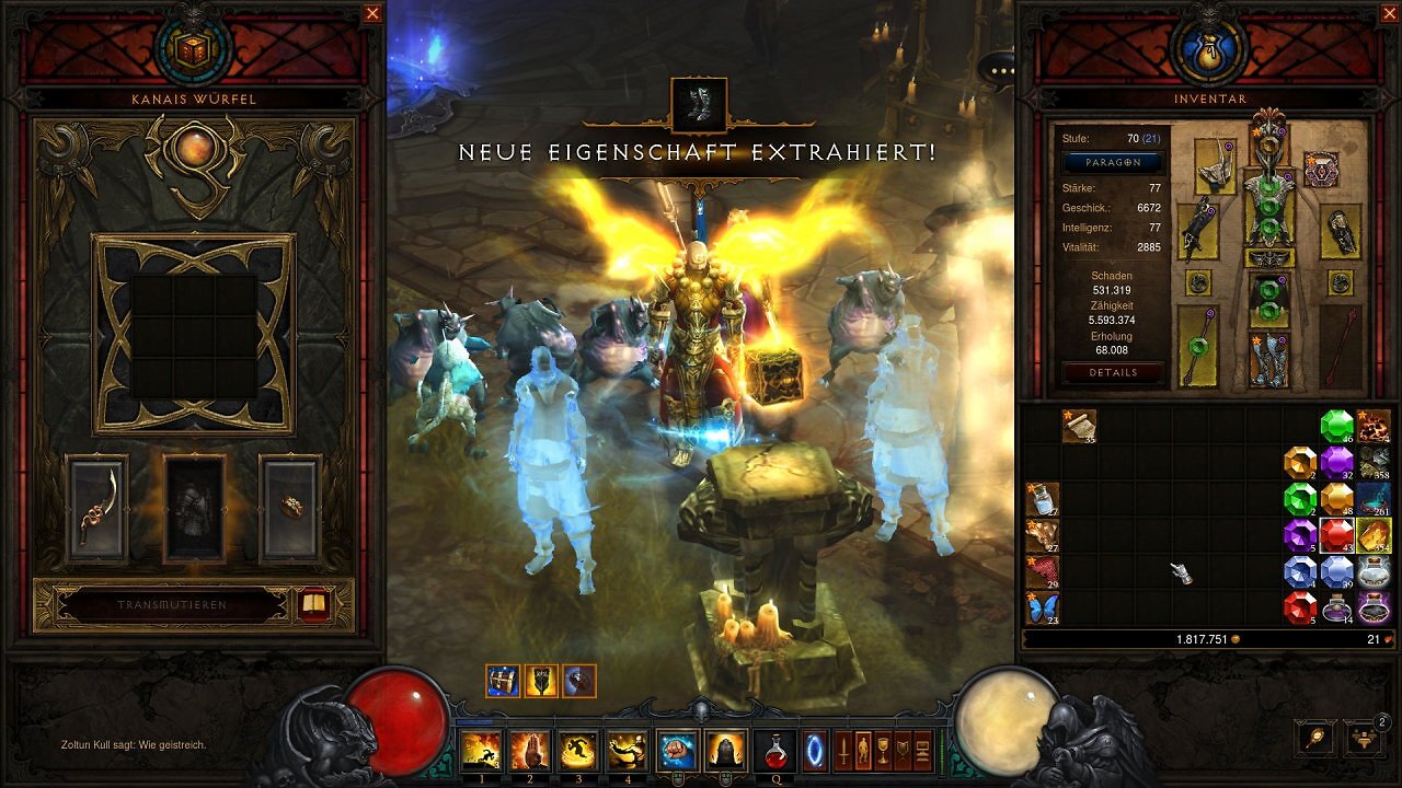 In-Game-Screenshot aus Diablo 3 mit geöffnetem Interface für Kanais Würfel auf der linken Seite. Ein großer, goldener Schriftzug in der Bildschirmmitte verkündet "NEUE EIGENSCHAFT EXTRAHIERT!", während ein Mönch-Charakter mit leuchtenden Flügeln neben dem Sockel steht.